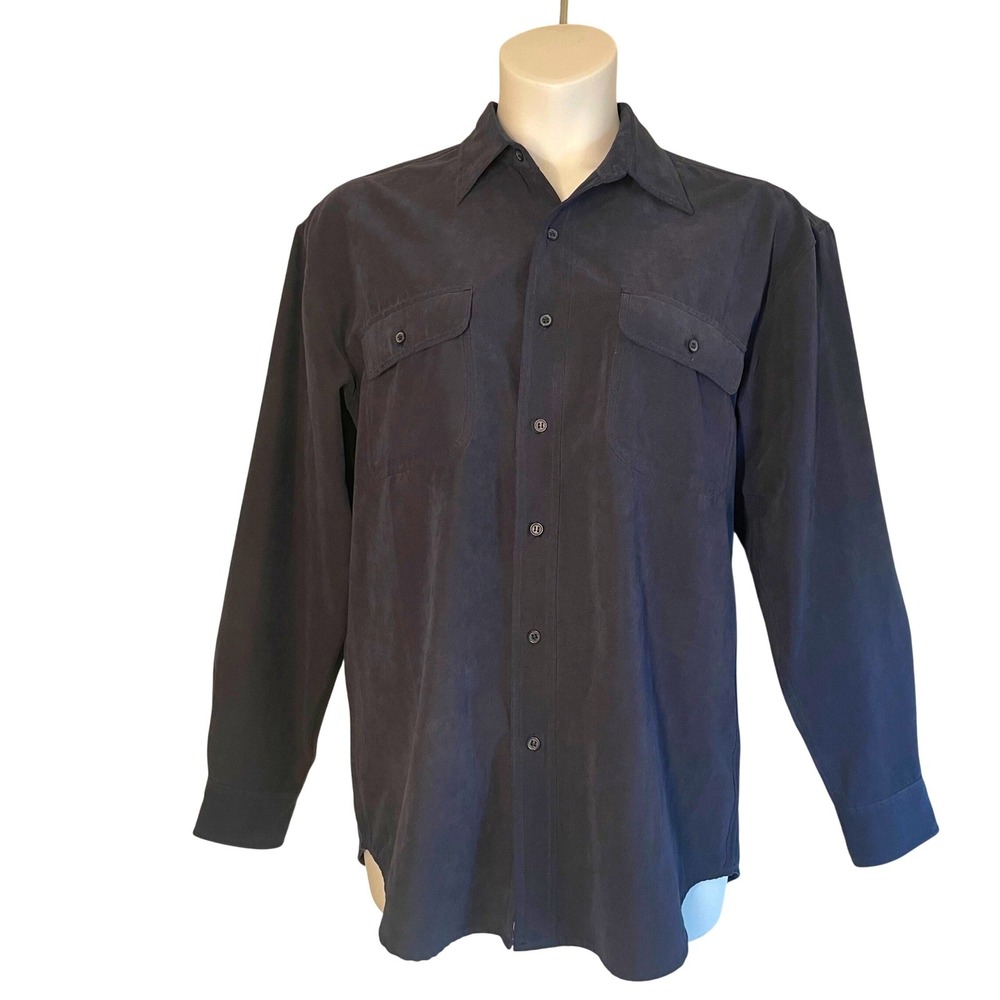 Knightsbridge Sueded Long Sleeve Top Mens M Navy Blue Button Down Shirt Dressy